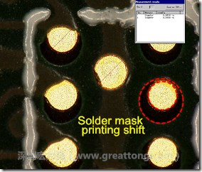 電路板BGA下面的防焊層印刷偏移，造成焊墊大小不一致。