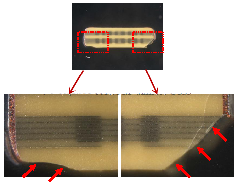 從破裂的現(xiàn)象與電容廠商切片的照片看來，破裂的痕跡從端接處以斜角裂開，電容零件的確像是機(jī)械外應(yīng)力所造成的破裂。