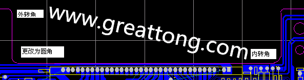 PCB設(shè)計時單面板的轉(zhuǎn)角都需為圓角，R1.0mm或R2.0mm為宜。
