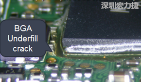 下面兩張照片就顯示既使添加了底部填充膠underfill，經(jīng)過摔落后還是發(fā)生BGA錫球破裂的問題，因為連Underfill膠都裂開了。