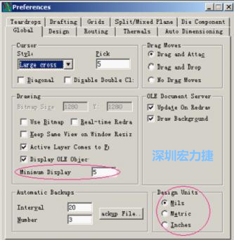 改單位Global→Design Units；改最小顯示線寬Global→Drawing