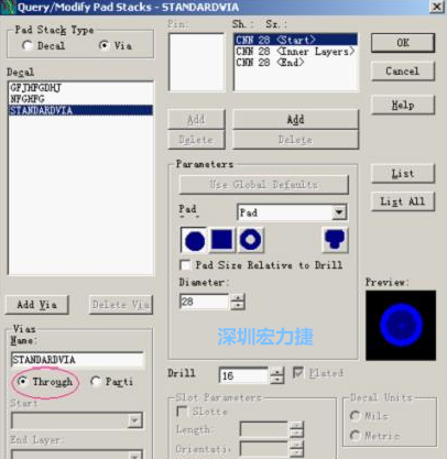 分析文件完成后，點(diǎn)擊菜單Setup→Pad Stacks調(diào)出焊盤堆設(shè)置窗口，將Pad Stack Type改為Via