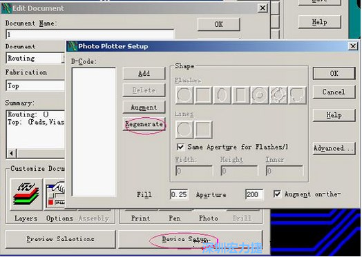 當(dāng)Gerber和鉆孔都設(shè)置完后，選擇一貼片元件較多的層（一般為Top層），點擊Device SetupPhoto，將 Plotter Setup窗口D-Code欄原有的D碼刪除并按Regenerate重新生成