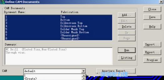回到Dsfine CAM Documents窗口 ，將所有須輸出的文件用鼠標(biāo)拉住選擇，按Run輸出，默認(rèn)輸出路徑是安裝目錄的\CAM\default，也可按CAM的Create更改