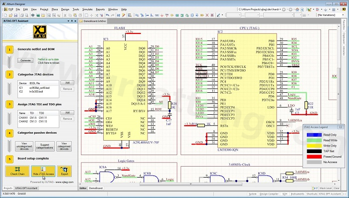 XJTAG DFT Assistant的Access Viewer模式可以清楚地顯示可用的測(cè)試存取層級(jí)，讓電路板設(shè)計(jì)人員在展開PCB布局以前的原理圖擷取階段盡可能地提高測(cè)試存取能力