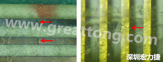 一旦找到確切的銅箔線路斷裂位置，如果還是無法觀察到斷裂的現(xiàn)象，就試著在顯微鏡下彎曲該位置的軟板，這樣就可以突顯并放大斷裂銅箔的開口了。 