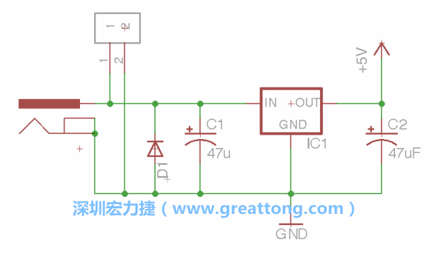 2.5.    新增一個(gè)二極體，它會(huì)以水平的狀態(tài)出現(xiàn)在屏幕上，請(qǐng)使用「旋轉(zhuǎn)（Rotate）」工具把它負(fù)極那一面朝上，并且用「網(wǎng)絡(luò)連接」工具將它連接在電壓調(diào)整器的輸入端和接地端之間。