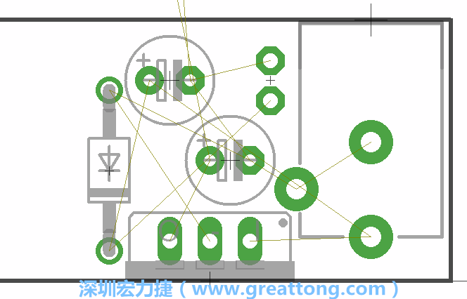 如同第一篇的步驟，我們將從電源迴路開始著手，移動電源插座（Power Jack）、電壓調(diào)整器、二極體、兩個電容和輔助接頭JP1到如上圖所示的位置。