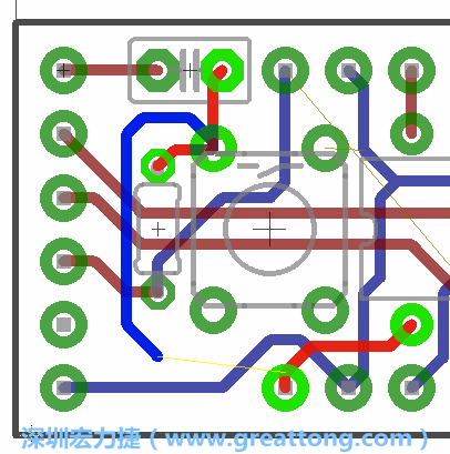 要在電路板正面進行+5V信號線連結(jié)和其他連結(jié)點的布線工作是非常容易的，而重置信號線（信號線用來連結(jié)電路板正面左邊的重置開關(guān)）需要經(jīng)過一個可以通過電路板正反兩面的電路通道，這個通道是一個可以讓電路板正反兩面線路連接的一個小孔。