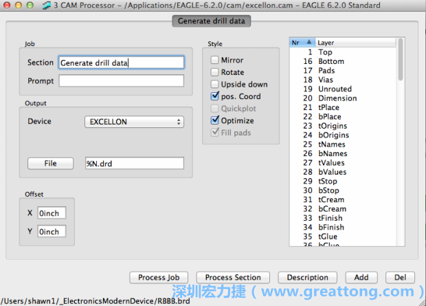 打開「excellon.cam」的工作項目并建立drill文件（副檔名為「.dri」和「.drd」），之后你只會用到「.drd」的文件檔；「.dri」的文件只是解釋用資料（所謂后設(shè)資料）而已。