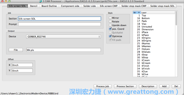假如你有匯入點陣圖圖層（抑或是有某個圖層是你不想要它們出現(xiàn)在絲印上的），請再次確認(rèn)標(biāo)簽列下面被指定的圖層都是正確無誤的。