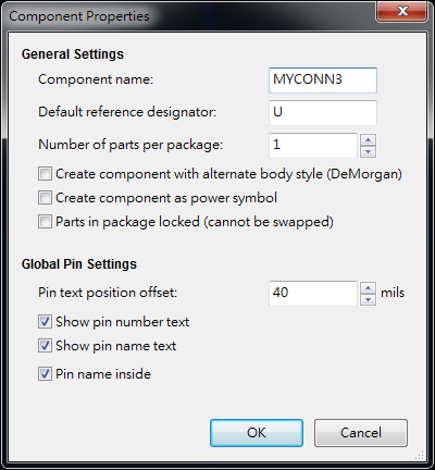 按下工具  "Create a new component"， 出現(xiàn)底下畫面， 按下OK后， 產(chǎn)生MYCONN3/U? 文字重迭在一在， 把它們分開(用mouse選擇并按下"M"， 即可移動)