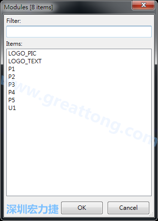 從目前正在編輯的PCB載入Module， 會顯示有那些項目可載入。點選一個， OK后即完成載入