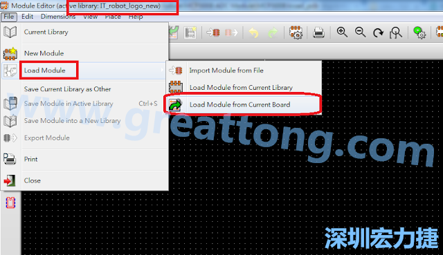 進入Module Editor去載入其他Footprint(Module)進來， 從目前的Active library (不過要先選取一個Current library ) 載入Module 或從目前正在編輯的PCB載入Module。