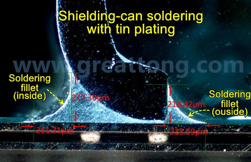 要求工程師在光學(xué)顯微鏡下親自量測(cè)了一定數(shù)量的屏蔽罩的偏移量，而且還去做了切片查看屏蔽罩內(nèi)側(cè)及外側(cè)均出現(xiàn)焊接弧度 (fillet)形狀。