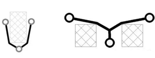 圖12：樹和(灰色顯示的)障礙物。(a)最小生成樹，(b)Steiner樹。