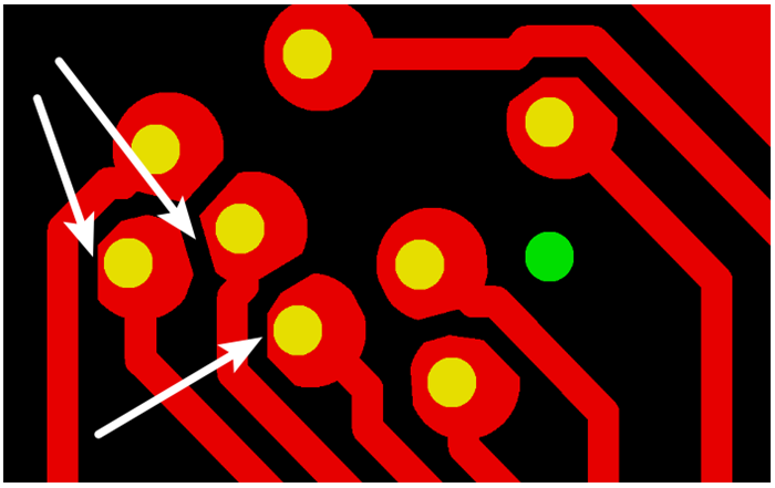 按源文件文件數(shù)據(jù)計算，孔邊緣到線邊緣6mil，孔環(huán)4mil，環(huán)到線只有2mil，保證環(huán)到線之間有3mil的安全間距需削1mil焊環(huán)，削后焊盤只有3mil