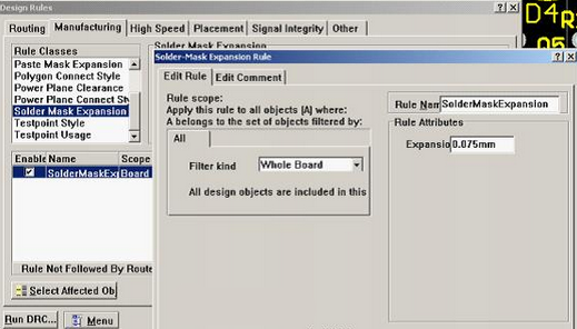 5. 而對于阻焊的調(diào)整則可以通過按D、R調(diào)出[Manufacturing]制作設(shè)計規(guī)則的[Solder-Mask Expansion Rule]設(shè)置項直接設(shè)定單邊放大值