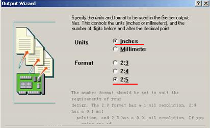 在上圖中選擇“Inches 2：5”，以確保資料精度，反之線寬、線距或孔有偏移現(xiàn)象