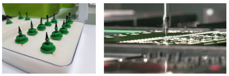 用來吸取零件的小吸盤（左），自動機械臂將零件迅速向下扔（右）